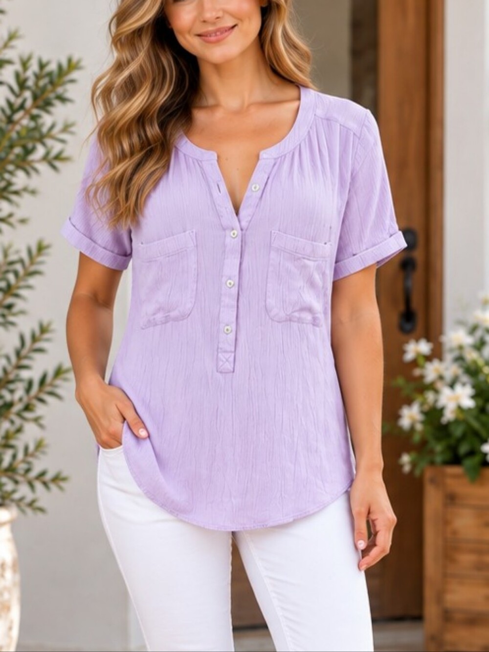 Sonoma Light Lavender Short-Sleeve Button Front Top Size Medium